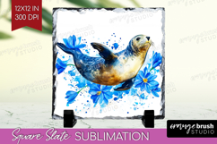 Seal Floral Slate PNG Blue Flowers Square Slate Sublimation Product Image 1