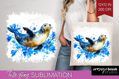 Seal Floral Tote Bag Blue Flowers Tote Bag PNG Sublimation Product Image 1