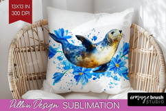 Seal Floral Pillow Sublimation Blue Flowers Pillow Cover PNG Product Image 1