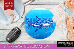 Shark Floral Car Coaster Sea Blue Coaster PNG Sublimation Product Image 1