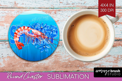 Shrimp Floral Round Coaster Sea Blue Coaster PNG Sublimation Product Image 1