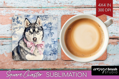 Siberian Husky Dog Square Coaster Blue Toile Coaster PNG Product Image 1
