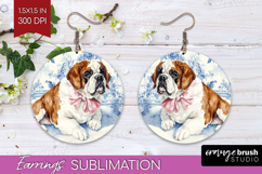 St. Bernard Dog Round Earrings Blue Toile PNG Sublimation Product Image 1