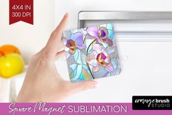 Stained Glass Flowers Magnet Sublimation - Floral Square PNG Product Image 1