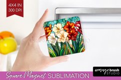 Stained Glass Flowers Magnet Sublimation - Floral Square PNG Product Image 1