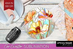 Stained Glass Flowers Car Coaster - Floral Coaster PNG Product Image 1