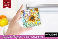 Stained Glass Flowers Magnet Sublimation - Floral Square PNG Product Image 1