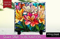 Stained Glass Flowers Slate PNG - Floral Square Slate Product Image 1