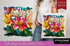 Stained Glass Flowers Tote Bag - Floral Tote Bag PNG Product Image 1