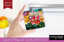 Stained Glass Flowers Magnet Sublimation - Floral Square PNG Product Image 1