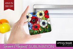 Stained Glass Flowers Magnet Sublimation - Floral Square PNG Product Image 1