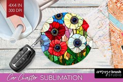 Stained Glass Flowers Car Coaster - Floral Coaster PNG Product Image 1