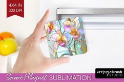 Stained Glass Flowers Magnet Sublimation - Floral Square PNG Product Image 1