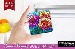 Stained Glass Flowers Magnet Sublimation - Floral Square PNG Product Image 1