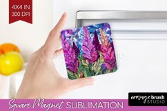 Stained Glass Flowers Magnet Sublimation - Floral Square PNG Product Image 1