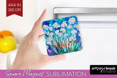 Stained Glass Flowers Magnet Sublimation - Floral Square PNG Product Image 1