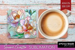 Stained Glass Flowers Square Coaster - Floral Coaster PNG Product Image 1