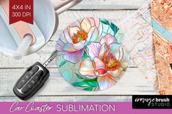Stained Glass Flowers Car Coaster - Floral Coaster PNG Product Image 1
