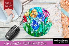 Stained Glass Flowers Car Coaster - Floral Coaster PNG Product Image 1
