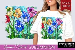 Stained Glass Flowers Square Tshirt Background - Floral PNG Product Image 1