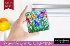 Stained Glass Flowers Magnet Sublimation - Floral Square PNG Product Image 1