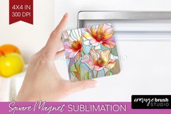 Stained Glass Flowers Magnet Sublimation - Floral Square PNG Product Image 1