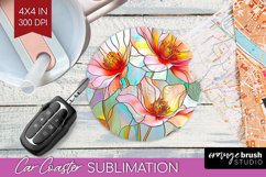 Stained Glass Flowers Car Coaster - Floral Coaster PNG Product Image 1