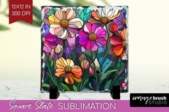 Stained Glass Flowers Slate PNG - Floral Square Slate Product Image 1