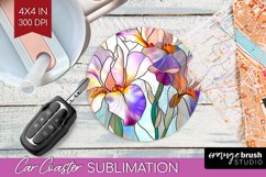 Stained Glass Flowers Car Coaster - Floral Coaster PNG Product Image 1