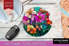 Stained Glass Flowers Car Coaster - Floral Coaster PNG Product Image 1