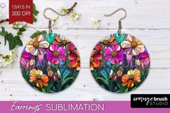 Stained Glass Flowers Round Earrings - Floral PNG Product Image 1