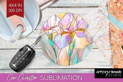 Stained Glass Flowers Car Coaster - Floral Coaster PNG Product Image 1