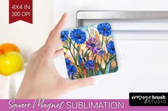 Stained Glass Flowers Magnet Sublimation - Floral Square PNG Product Image 1