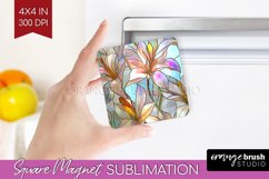 Stained Glass Flowers Magnet Sublimation - Floral Square PNG Product Image 1