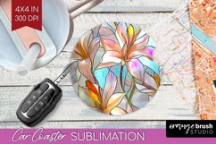 Stained Glass Flowers Car Coaster - Floral Coaster PNG Product Image 1