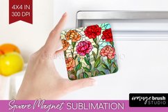 Stained Glass Flowers Magnet Sublimation - Floral Square PNG Product Image 1