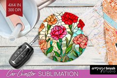 Stained Glass Flowers Car Coaster - Floral Coaster PNG Product Image 1