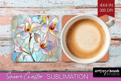 Stained Glass Flowers Square Coaster - Floral Coaster PNG Product Image 1