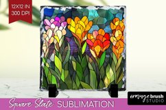 Stained Glass Flowers Slate PNG - Floral Square Slate Product Image 1