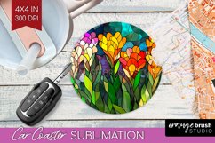 Stained Glass Flowers Car Coaster - Floral Coaster PNG Product Image 1
