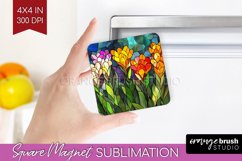 Stained Glass Flowers Magnet Sublimation - Floral Square PNG Product Image 1
