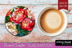 Stained Glass Flowers Round Coaster - Floral Coaster PNG Product Image 1