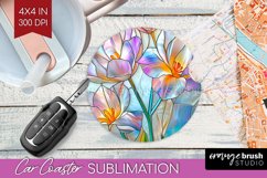 Stained Glass Flowers Car Coaster - Floral Coaster PNG Product Image 1