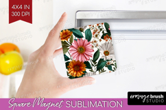 3D Flowers Magnet Sublimation - Summer Square Magnet PNG Product Image 1