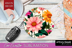 3D Flowers Car Coaster - Summer Coaster PNG Sublimation Product Image 1