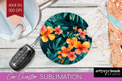 Tropical Flowers Car Coaster - Floral Coaster PNG Product Image 1
