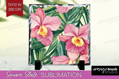 Tropical Flowers Slate PNG - Floral Square Slate Sublimation Product Image 1