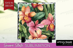 Tropical Flowers Slate PNG - Floral Square Slate Sublimation Product Image 1