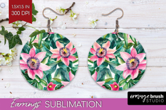 Tropical Flowers Round Earrings - Floral PNG Sublimation Product Image 1