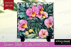 Tropical Flowers Slate PNG - Floral Square Slate Sublimation Product Image 1